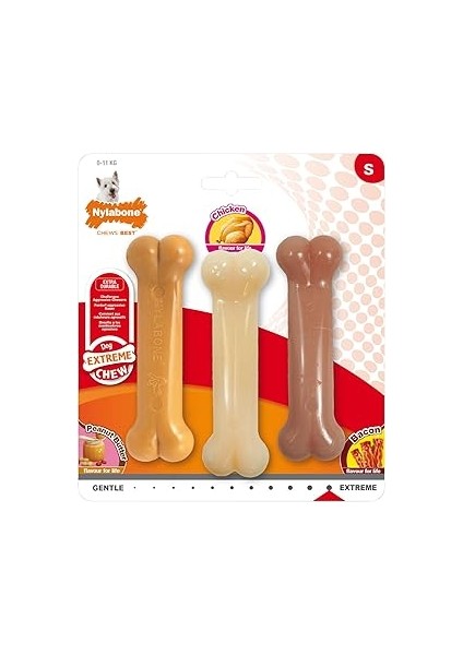 Nylabone Fıstık Ezmesi, Tavuk ve Domuz Pastırması Aromalı Köpek Çiğneme Seti S