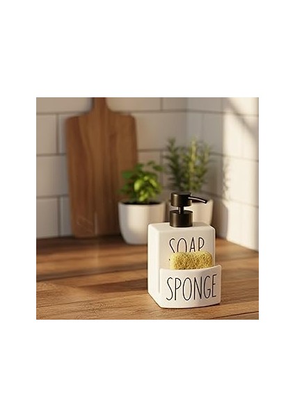 Beyaz Seramik Sıvı Sabunluk ve Süngerlik Seti | 500 ml | Mutfak ve Banyo Tezgahı Için 2'si 1 Arada