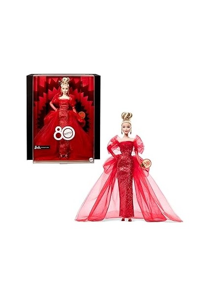 Işıltılı Kırmızı Tül Elbisesi, Damla Küpeleri ve Tül Eldivenleri ile Sarı Saçlı Signature Be