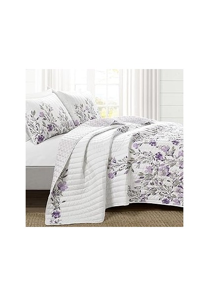 Lush Tanisha Ters Çevrilebilir 5 Parça Yorgan Seti, Gri ve Mor, Tam/queen