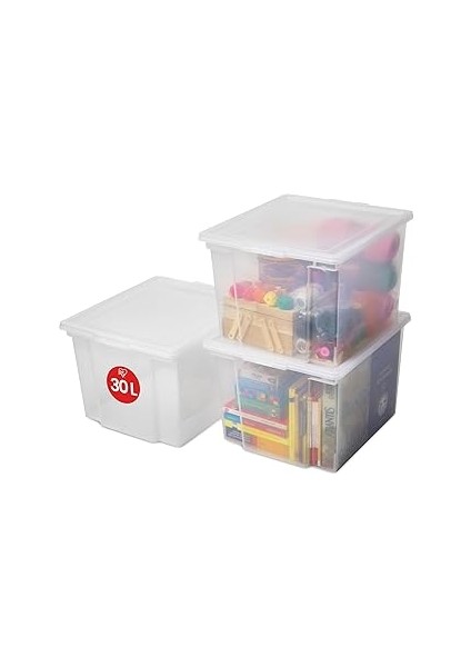 Iris Ohyama Çok Yönlü Saklama Kutuları, 30L, 3'lü Set, Şeffaf, Kolay Mandal, Istiflenebilir, Şeffaf