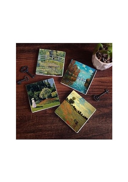 Pinecone Stone Claude Monet Sonbahar, Bahçedeki Kadın, Gelincikler, Nilüfer Gölü Taş Bardak Altlığı