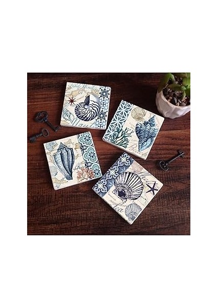 Pinecone Deniz Kabuğu Taş Bardak Altlığı Seti - 4 Parça - Dekoratif, Rustik Mutfak Aksesuarı, 10X10