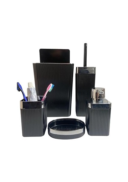 Banyo Seti, 5 Parça, Beyaz Oluklu Tasarım, Sıvı Sabunluk, Diş Fırçalık, Çöp Kutusu ve Sabunl