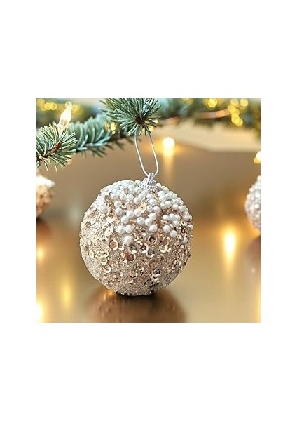 Lüks Yilbaşi Topu 8cm Inci̇li̇ Pullu 3lü Şampanya AST7252