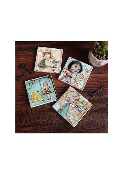 Pinecone Stone Mutlu Kız Taş Bardak Altlığı Seti - 4 Parça - Dekoratif, Rustik Mutfak Aksesuarı, 10