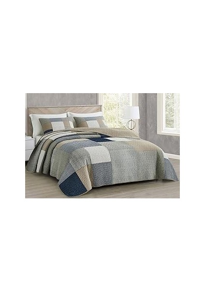 Chezmoi Addy 3 Parça Lacivert Beyaz Gri Boz Kahverengi Ekose Yama Işi Yorgan Seti - Önce