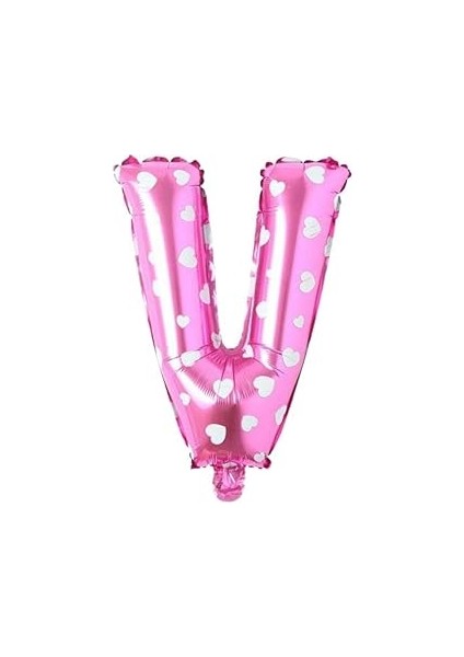 Parti̇ Vi̇tri̇ni̇ V Harfi 16 Inç Pembe Kalpli Renk Folyo Balon 36 cm (Pembe)