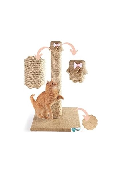 Bypet Kedi Tırmalama Direği - Doğal Jüt Halat Kedi Tırmalama ve Oyun Platformu (Pembe Papyon)
