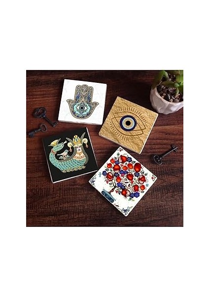 Pinecone Stone Nazar, Şahmeran, Nar Ağacı, Fatma Ana Eli (Hamsa) Taş Bardak Altlığı Seti - 4 Parça