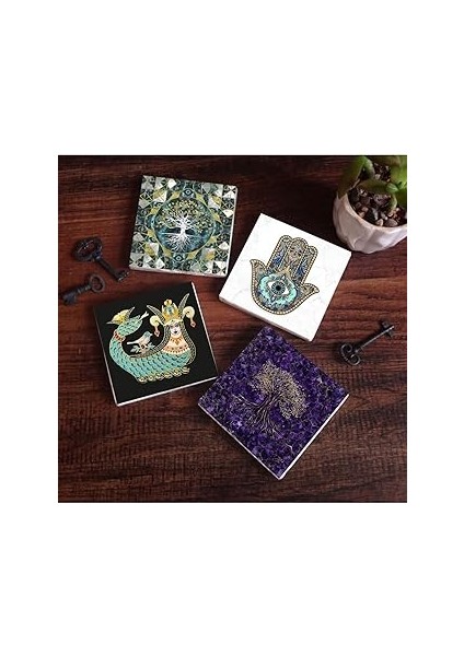 Pinecone Stone Hayat Ağacı, Şahmeran, Fatma Ana Eli (Hamsa) Taş Bardak Altlığı Seti - 4 Parça - Dek