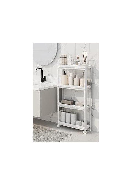 Mithra Life 4 Katlı Tekerlekli Slim Ince Beyaz Banyo Mutfak Rafı MIT1200