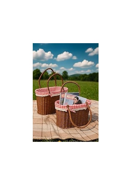 Kosova Wicker Serisi Hasır Örme 2'li Bezli Piknik Sepeti
