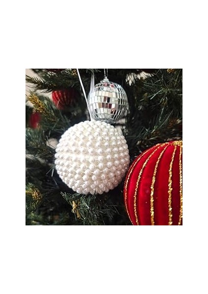 Lüks Yilbaşi Topu 8cm Beyaz Inci̇ Top Süs 3lü AST7269