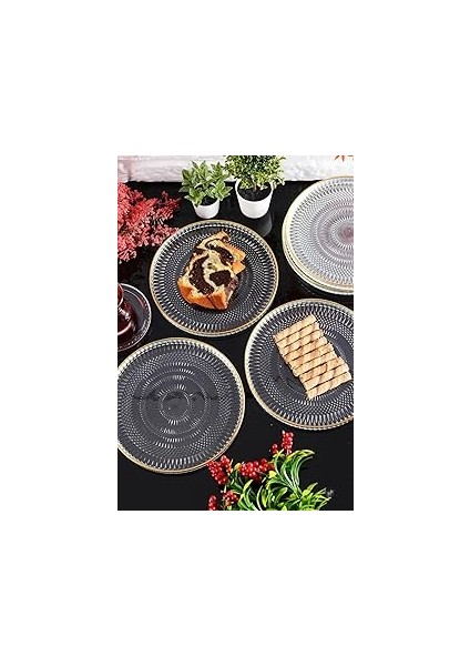 Angdesign Marsilya Cam Pasta-Kek-Tatlı Tabağı 6'lı Şeffaf/kenarı Altın Yaldızlı-21 cm