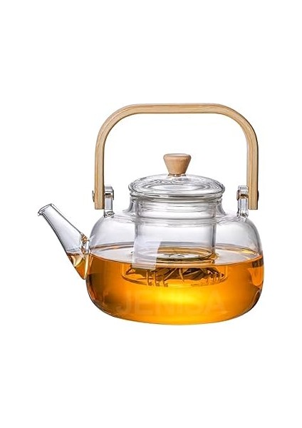 Jenisa Ahşap Saplı Cam Filtreli Demlik 1000 ml - Isıya Dayanıklı Cam Bitki Çayı Demlik