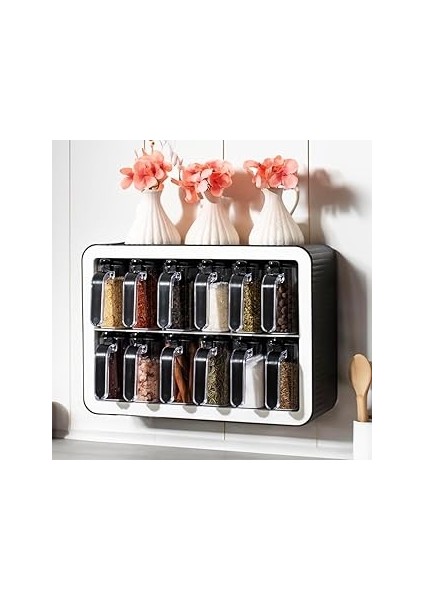 12'li Baharatlık Takımı, Kaşıklı Kapaklı ve Kendinden Yapışkanlı (Si̇yah-Beyaz)