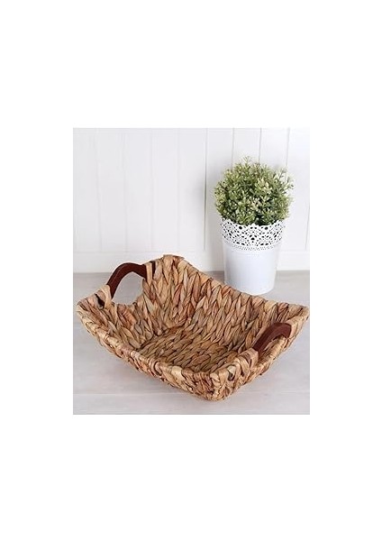 Kosova Wicker Serisi Bezli Diktördgen Ahşap Kulplu Hasır Ekmek Sepeti