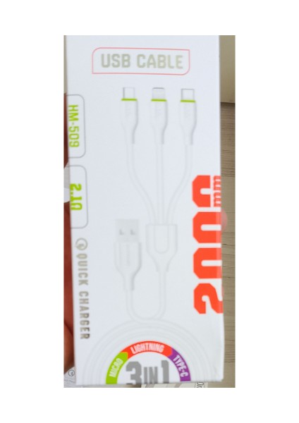 HM-509 Smart Techno Quıck Charger 3'in'1 Çoklu 2mt USB Şarj Kablosu