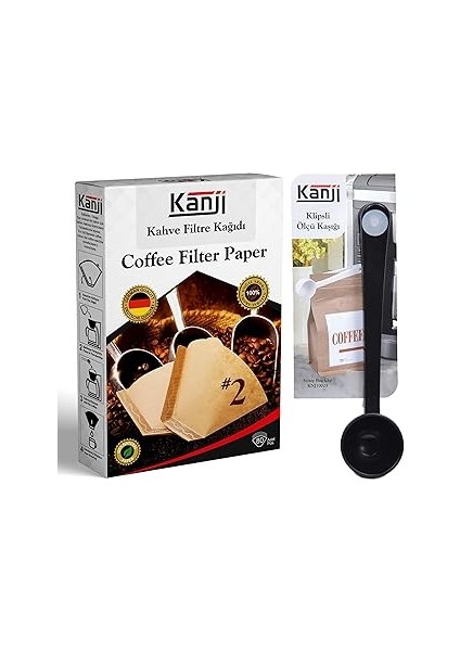 Kanji Kahve Filtre Kağıdı No:2 (1x2) 80'li + Klipsli Çay Kahve Ölçü Kaşığı | Siyah Demleme Seti | A