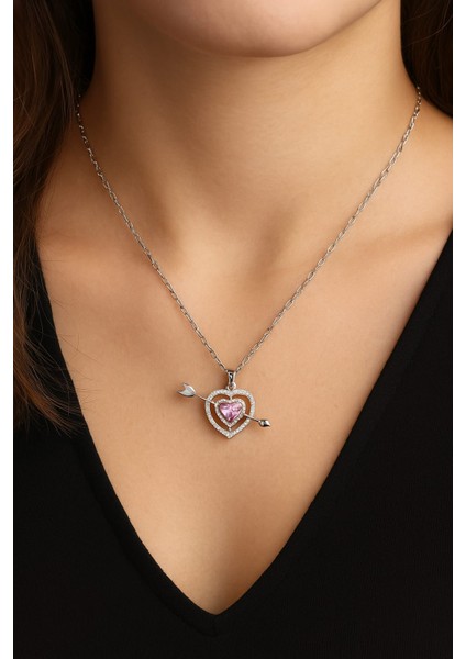 Eros Oklu Zirkon Taşlı Pembe Kolye