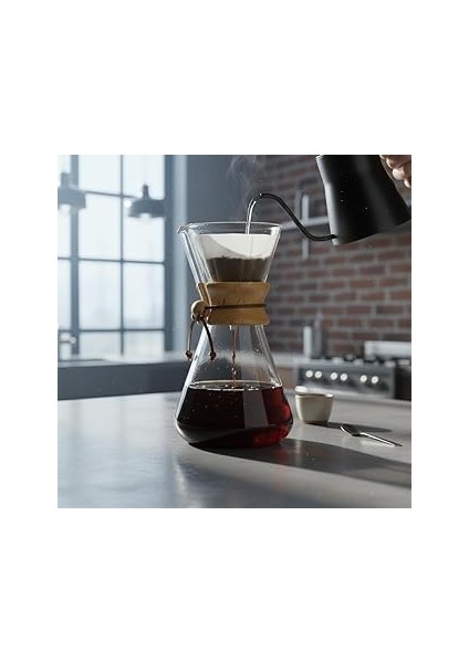Deconox Chemex Tarzı Cam Kahve Demleme Karafı 600 ml | Borosilikat Isıya Dayanıklı, Ahşap Manşetli