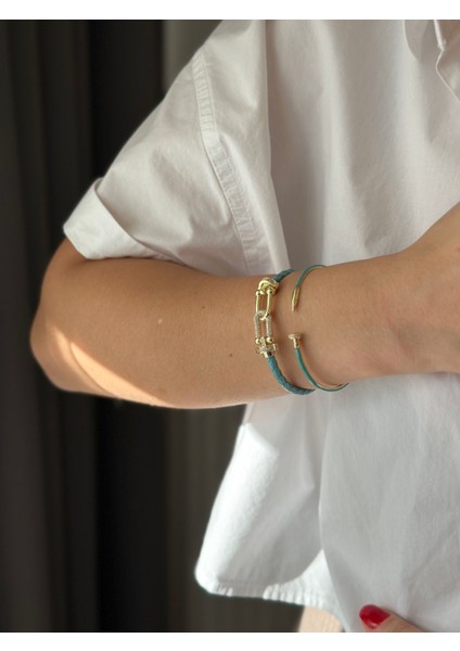 Mavi Gold Deri, Çelik Bileklik