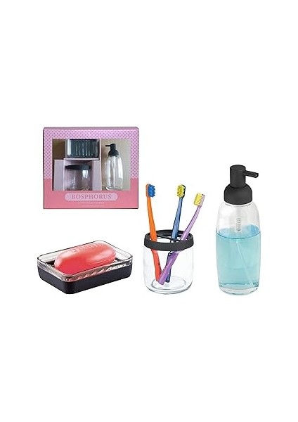 Bosphorus 14017-3 Hediye Kutulu Mat Siyah Kaplamalı 3'lü Banyo Aksesuarı