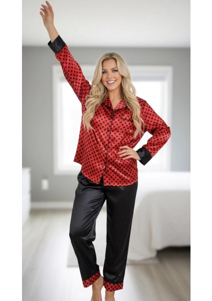 Siyah-Kırmızı Saten Pijama Takımı modelleri