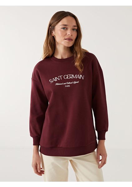 Yeni Sezon Bisiklet Yaka Nakışlı Kadın Kalın Sweatshirt Tunik