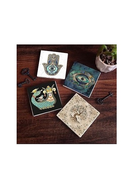 Pinecone Stone Nazar, Şahmeran, Hayat Ağacı, Fatma Ana Eli (Hamsa) Taş Bardak Altlığı Seti - 4 Parç