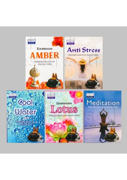 Geri Akışlı Şelale Tütsü Koni Seti (5 Koku) - Amber, Anti Stress, Cool Water, Lotus, Meditasyon