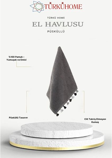 Püsküllü Yumuşak Pamuk Havlu | Yüksek Emicili El Havlusu | Gri | 50x90 cm fiyatları