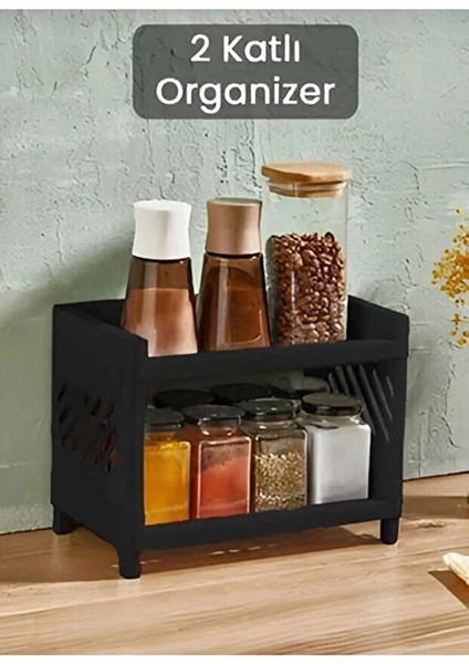 2 Katlı Plastik Baharatlık ve Kahve Düzenleyici | Tezgah Üstü Mutfak Organizer Raf