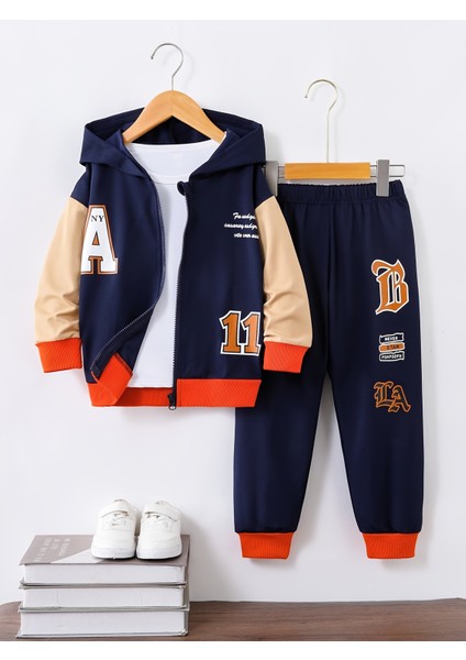 Erkek Çocuk Kapüşonlu Eşofman Takımı Lacivert Bej Spor Kombin 2’li Set