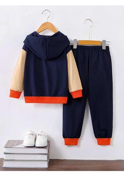 Erkek Çocuk Kapüşonlu Eşofman Takımı Lacivert Bej Spor Kombin 2’li Set fiyatları