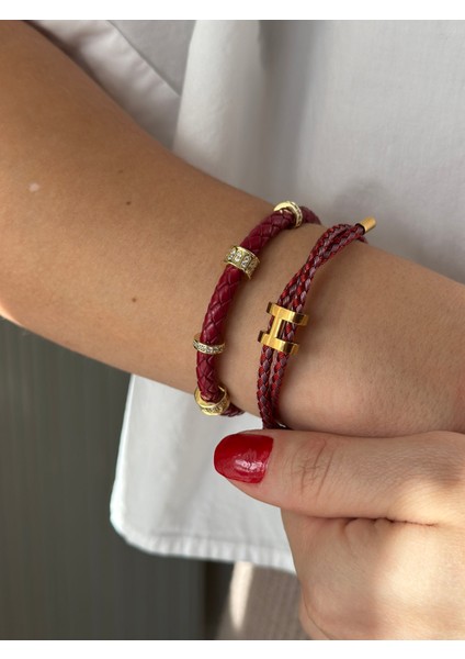 Kırmızı Taşlı Deri Bileklik