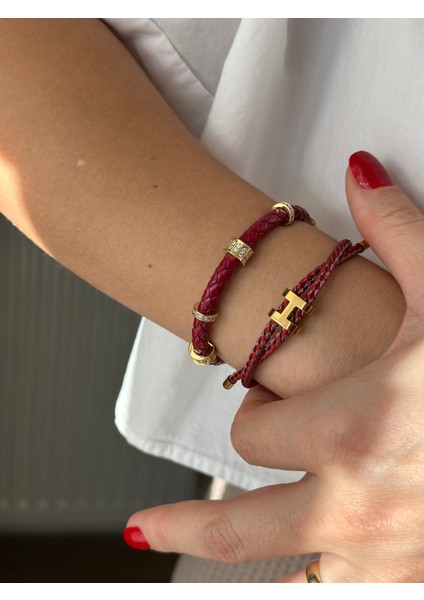 Kırmızı Taşlı Deri Bileklik fiyatları