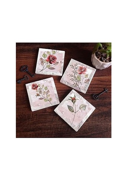 Pinecone Stone Gül Çiçek Taş Bardak Altlığı Seti - 4 Parça - Dekoratif, Rustik Mutfak Aksesuarı, 10