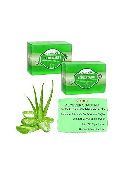 Organicsun Doğal Aloe Vera Sabunu 140 gr x 2 Adet Tüm Cilt Tipleri Için Yatıştırıcı ve Canlandırıcı
