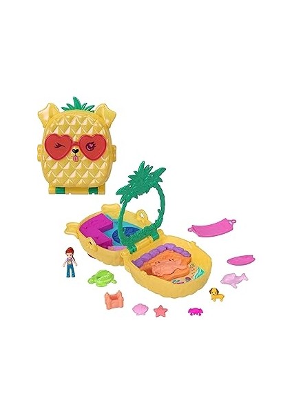 Polly Pocket Bebek ve Aksesuarları ile Ananas Köpekçik Plajı Oyun Seti, Mikro Bebek ve Ev