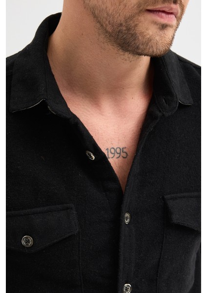 Düz Flanel Oduncu Gömlek - Regular Fit Kalın %100 Pamuklu Çift Cepli Ceket Gömlek