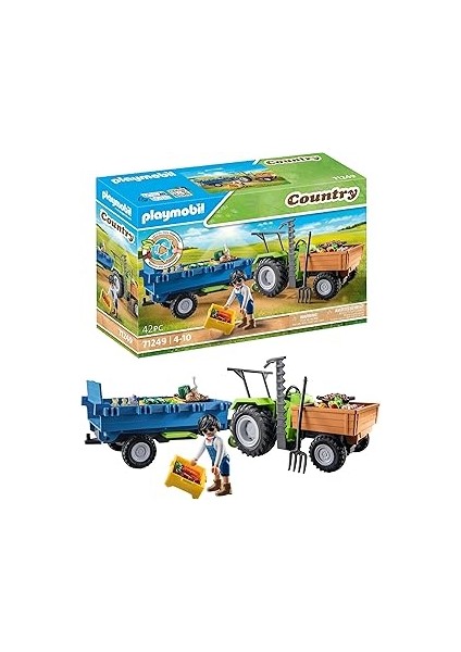Playmobil Country 71249 Römorklu Traktör, Taşıma Kutuları Dahil, Organik Çiftlik Için Yeşil Traktör