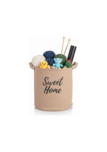 Deconox "sweet Home" Yuvarlak Jüt Düzenleyici Sepet (Çap 32CM, Yükseklik 36CM) – Krem Renk Katlanab