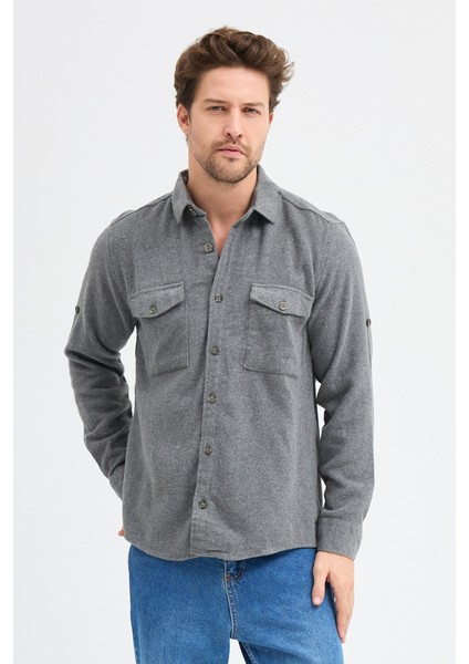 Düz Flanel Oduncu Gömlek - Regular Fit Kalın %100 Pamuklu Çift Cepli Ceket Gömlek
