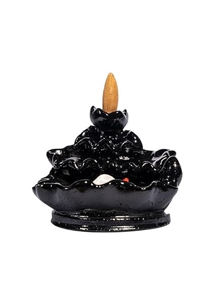 Geri Akışlı Balık Şelale Tütsülük – Siyah Seramik | 2 Lavanta Konik Tütsü Hediyeli | Meditasyon, Yo