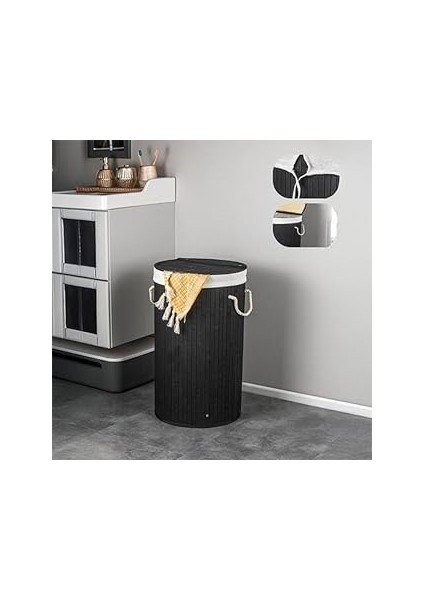 Deconox El Yapımı Hasır Katlanır Çamaşır Sepeti Yuvarlak 55 Litre (35CM*35CM*61CM), Doğal Malzemede