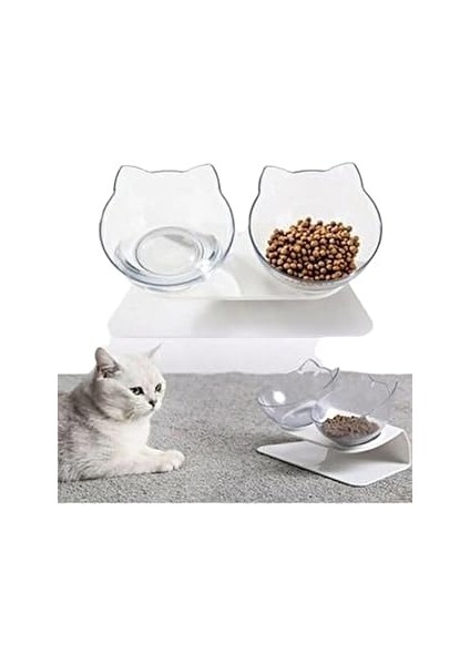 Tineke Standlı Kedi Kafalı Mama Kabı Şeffaf 2 Li