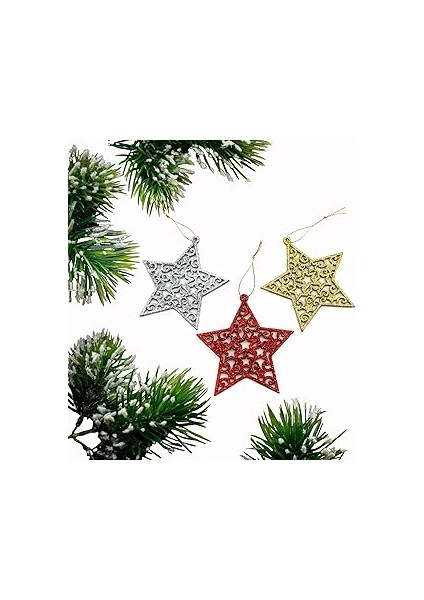 Yılbaşı Ağacı Için Asılabilir Yıldız Süsleri – Parlak Simli 3’lü Dekor Seti