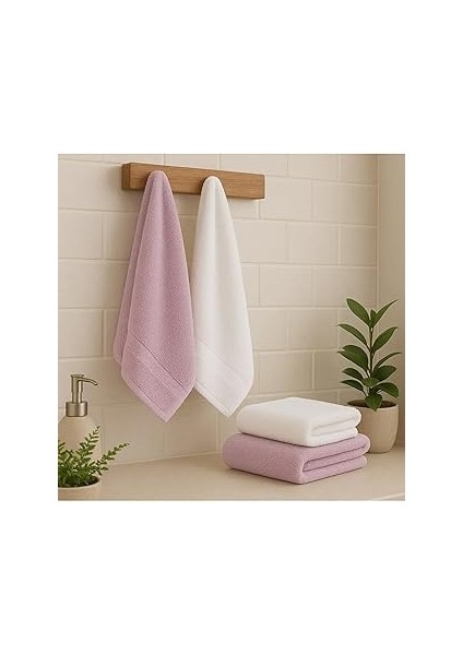 Lüks Banyo Havlusu Seti, 4 Parça, Pembe ve Beyaz, Yumuşak Pamuklu